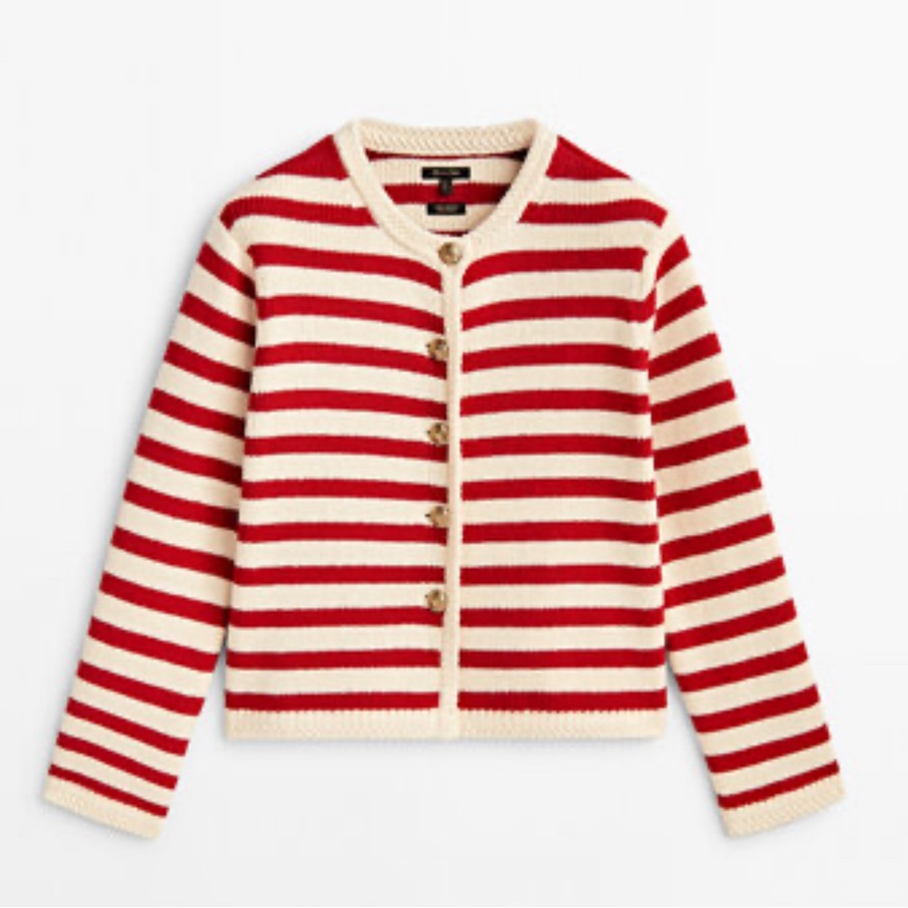 Massimo Dutti Red Striped Knit Cardigan Jacket with Buttons XS